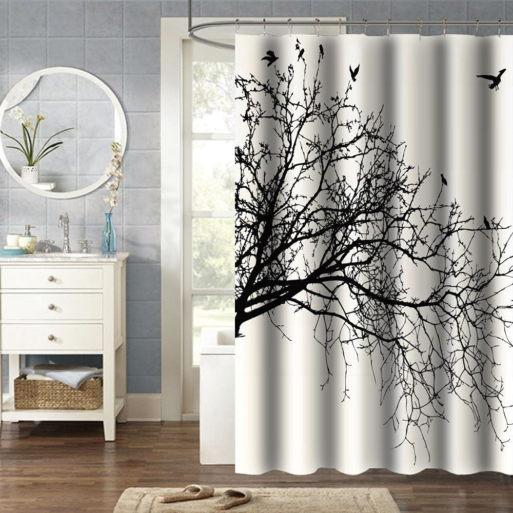 Birds in Tree Black White Shower Curtain in Polyester Fabric - Deals Kiosk