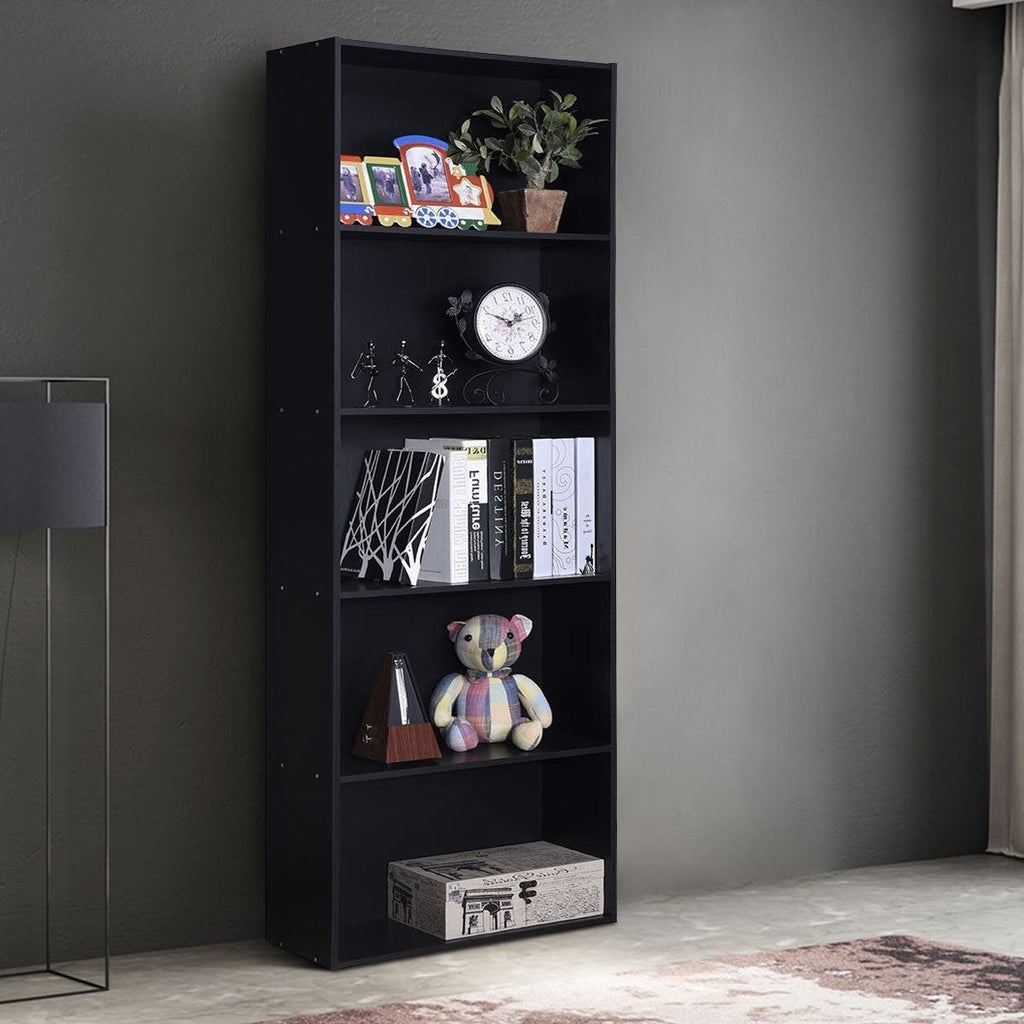 Modern 5-Shelf Bookcase Storage Shelves in Black Wood Finish - Deals Kiosk