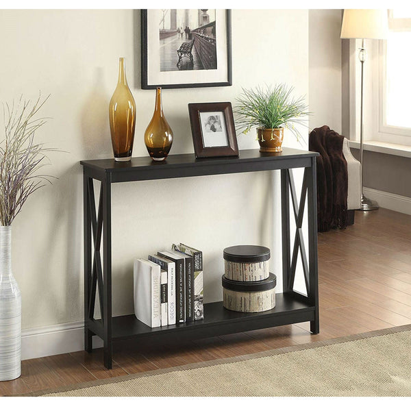 Black Wood Console Sofa Table with Bottom Storage Shelf - Deals Kiosk