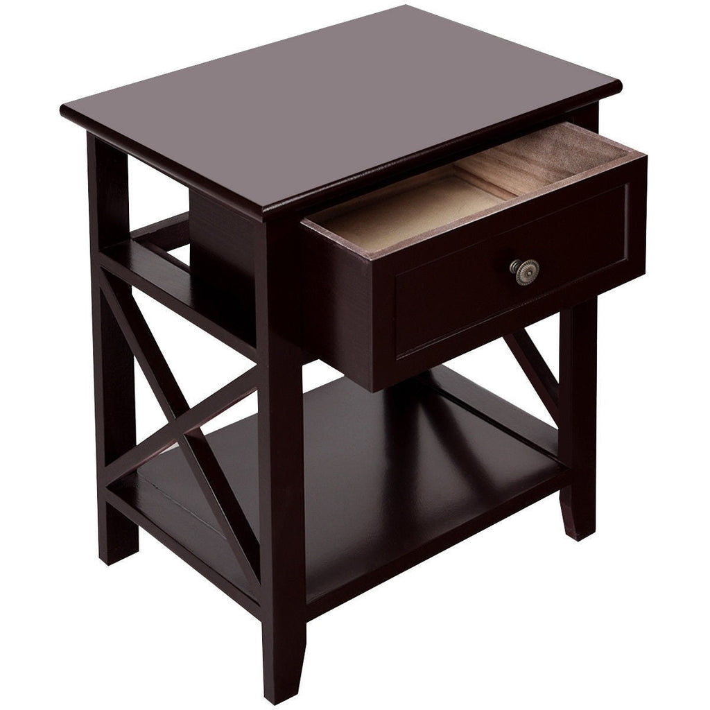 Classic Brown Wood 1-Drawer Open Shelf End Table Nightstand - Deals Kiosk