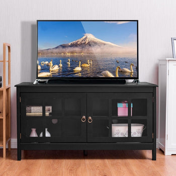 Black Wood TV Stand with Glass Panel Doors for up to 50-inch TV - Deals Kiosk