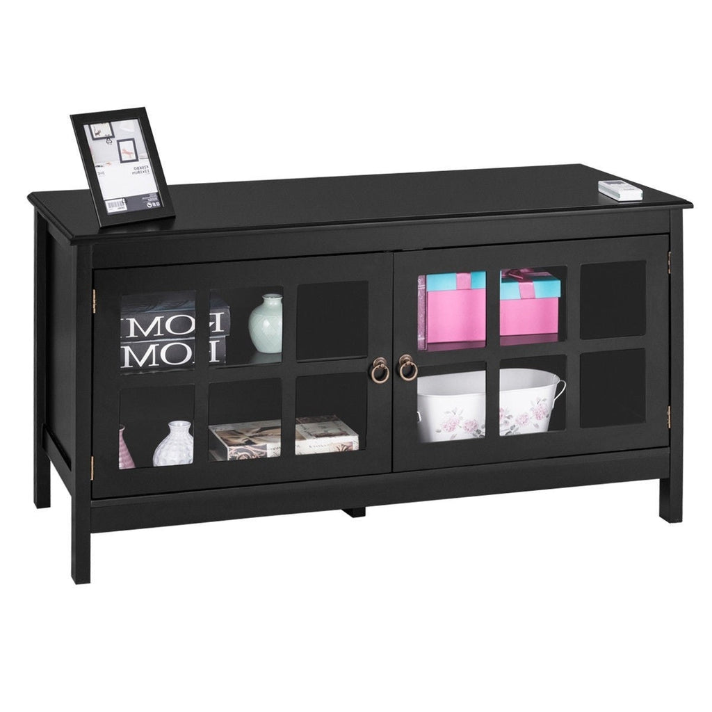 Black Wood TV Stand with Glass Panel Doors for up to 50-inch TV - Deals Kiosk