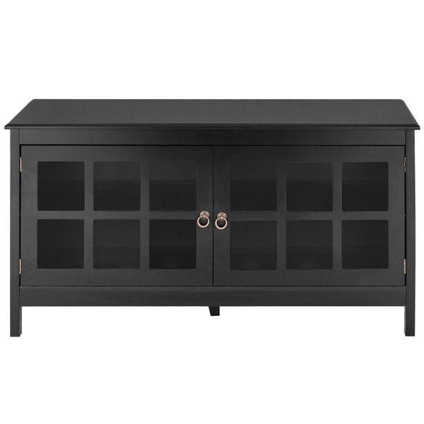 Black Wood TV Stand with Glass Panel Doors for up to 50-inch TV - Deals Kiosk