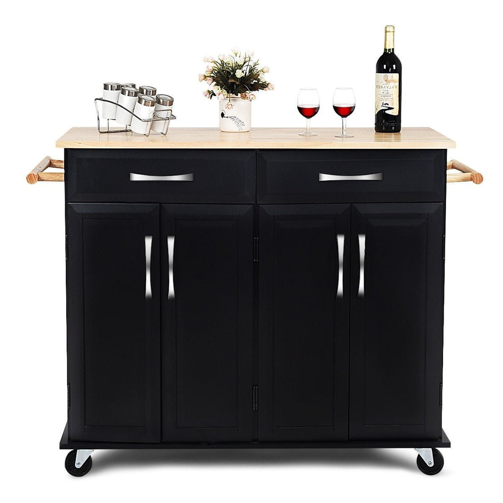 Black Kitchen Island Storage Cabinet Cart with Wood Top and Wheels - Deals Kiosk