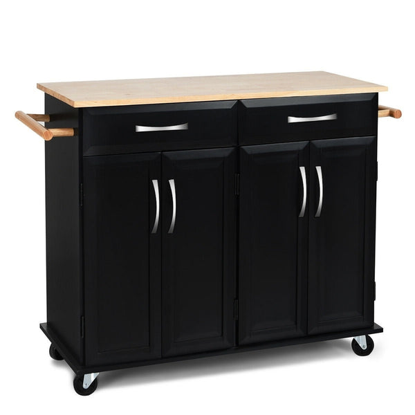 Black Kitchen Island Storage Cabinet Cart with Wood Top and Wheels - Deals Kiosk
