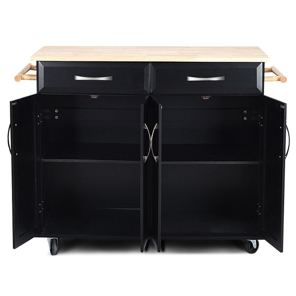 Black Kitchen Island Storage Cabinet Cart with Wood Top and Wheels - Deals Kiosk