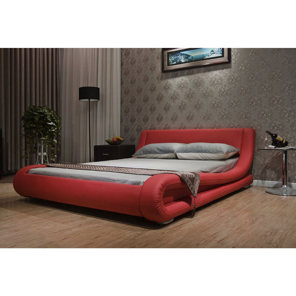 California King Red Faux Leather Upholstered Platform Bed with Modern Curved Headboard - Deals Kiosk