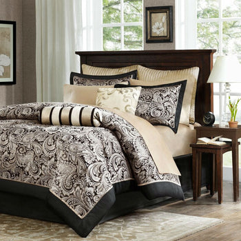 California King 12-Piece Reversible Paisley Cotton Comforter Set in Black Gold - Deals Kiosk
