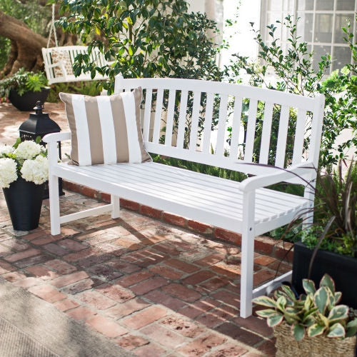 4-Ft Garden Bench with Curved Back and Armrests in White Wood Finish - Deals Kiosk