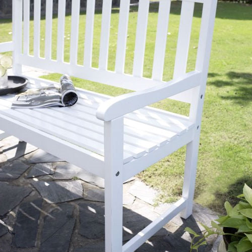 4-Ft Garden Bench with Curved Back and Armrests in White Wood Finish - Deals Kiosk