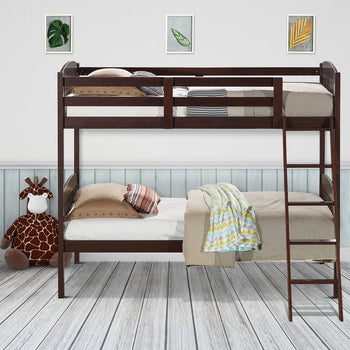 Twin over Twin Wooden Bunk Bed with Ladder in Dark Brown Finish - Deals Kiosk