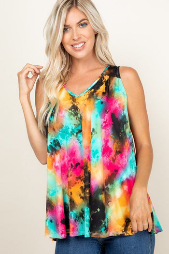 Tie Dye Sleeveless V Neck Swing Tunic Top - Deals Kiosk