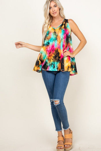 Tie Dye Sleeveless V Neck Swing Tunic Top - Deals Kiosk