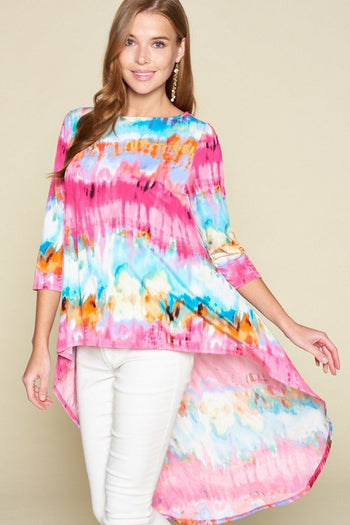 Tie-dye Venechia High Low Fashion Top With 3/4 Sleeves - Deals Kiosk