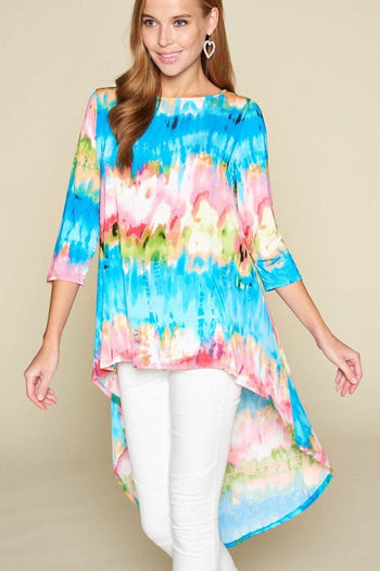 Tie-dye Venechia High Low Fashion Top With 3/4 Sleeves - Deals Kiosk