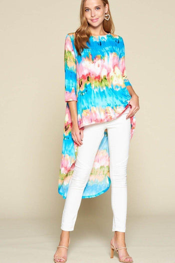 Tie-dye Venechia High Low Fashion Top With 3/4 Sleeves - Deals Kiosk