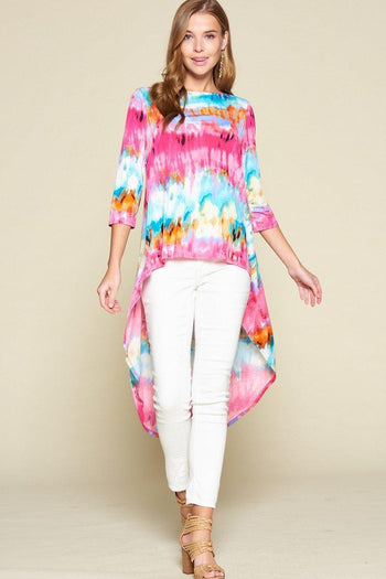 Tie-dye Venechia High Low Fashion Top With 3/4 Sleeves - Deals Kiosk