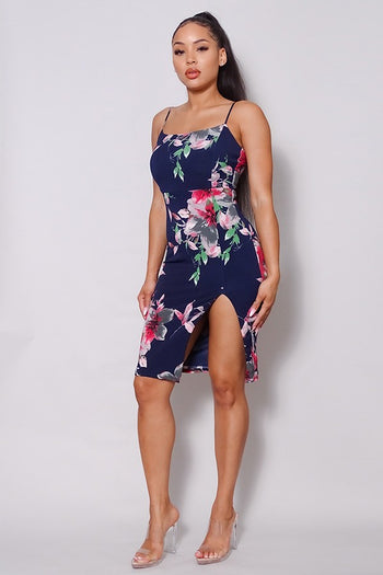 Sexy Spaghetti Strap Front Slit Floral Midi Dress - Deals Kiosk