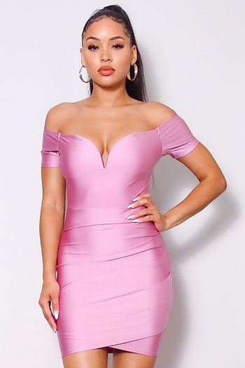 Off Shoulder V Front Gathered Bodycon Mini Dress - Deals Kiosk