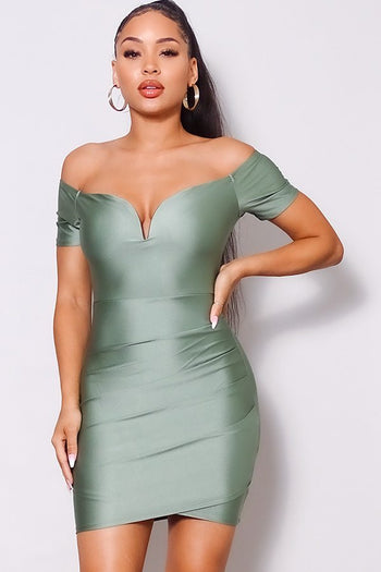Off Shoulder V Front Gathered Bodycon Mini Dress - Deals Kiosk