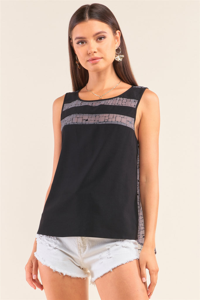 Grey And Black Sleeveless Relaxed Fit Brick Pattern Print Mesh Round Neck Top - Deals Kiosk