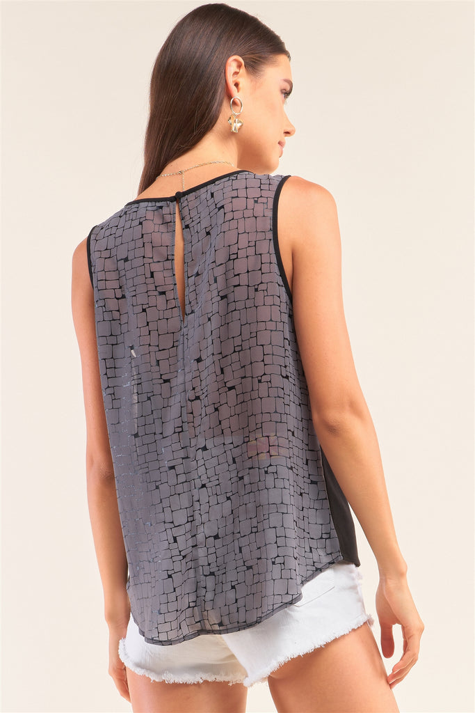 Grey And Black Sleeveless Relaxed Fit Brick Pattern Print Mesh Round Neck Top - Deals Kiosk