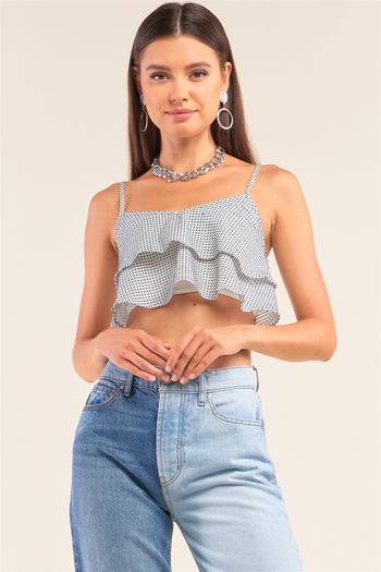 White And Navy Sleeveless Polka Square Layered Smock Back Cropped Top - Deals Kiosk