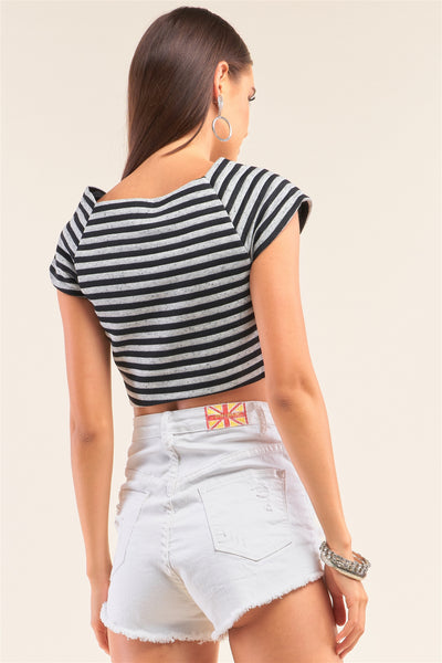 Black And Grey Striped Square Neck Mini Sleeve Cropped Top - Deals Kiosk