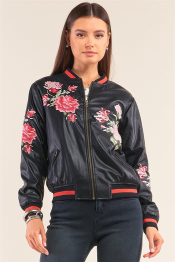Rosa Black Vegan Leather Floral Embroidery Striped Hem Bomber Jacket - Deals Kiosk