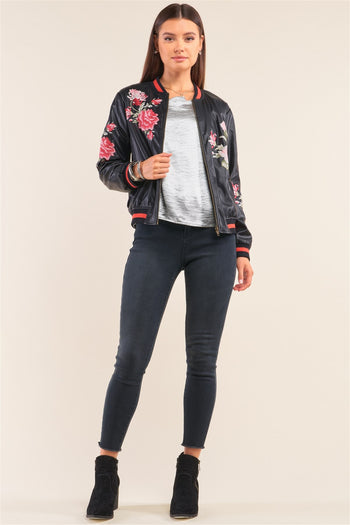 Rosa Black Vegan Leather Floral Embroidery Striped Hem Bomber Jacket - Deals Kiosk