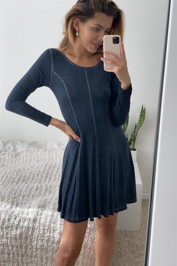 Boho Navy Blue Acid Wash Long Sleeves Swing Dress - Deals Kiosk