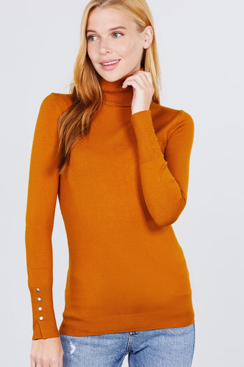 Long Sleeve With Metal Button Detail Turtle Neck Viscose Sweater - Deals Kiosk
