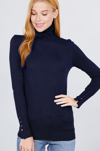 Long Sleeve With Metal Button Detail Turtle Neck Viscose Sweater - Deals Kiosk