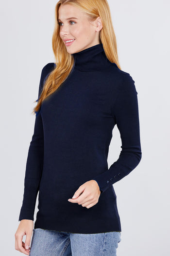 Long Sleeve With Metal Button Detail Turtle Neck Viscose Sweater - Deals Kiosk