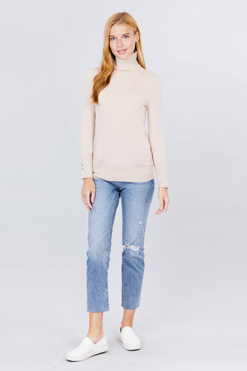 Long Sleeve With Metal Button Detail Turtle Neck Viscose Sweater - Deals Kiosk