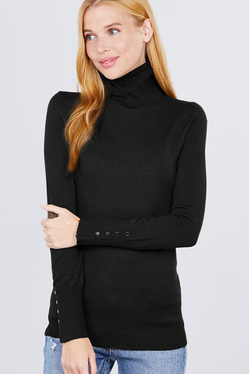 Long Sleeve With Metal Button Detail Turtle Neck Viscose Sweater - Deals Kiosk