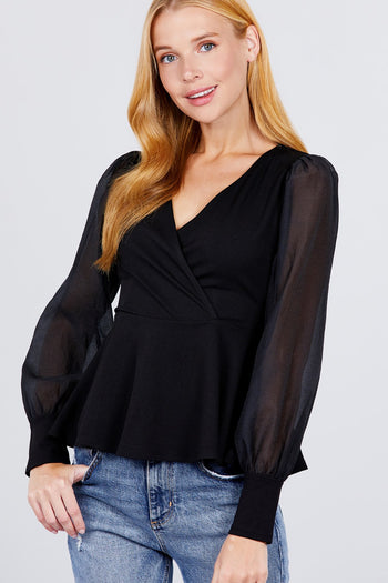 Puff Sleeve V-neck Peplum Top - Deals Kiosk