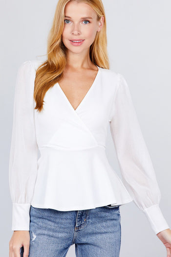 Puff Sleeve V-neck Peplum Top - Deals Kiosk