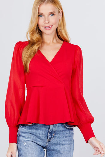 Puff Sleeve V-neck Peplum Top - Deals Kiosk
