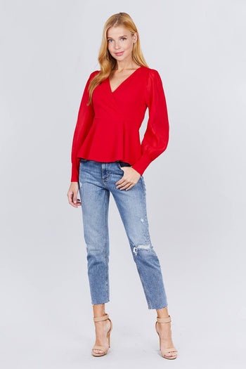 Puff Sleeve V-neck Peplum Top - Deals Kiosk
