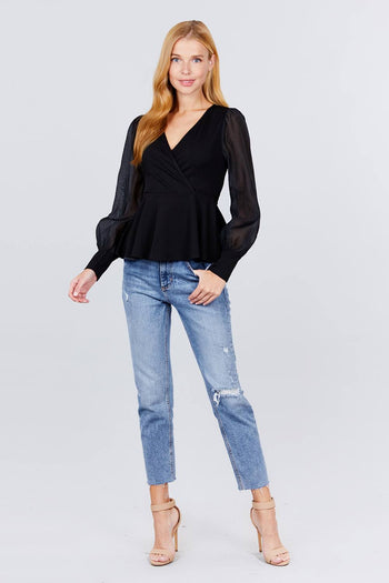 Puff Sleeve V-neck Peplum Top - Deals Kiosk