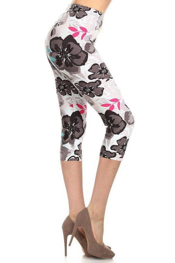 High Waisted Floral Printed Knit Capri Legging - Deals Kiosk