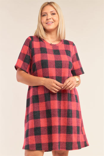 Plus Size Checkered Round Neck Short Sleeve Sweater Mini Dress - Deals Kiosk