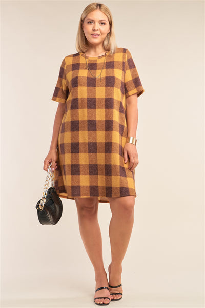 Plus Size Checkered Round Neck Short Sleeve Sweater Mini Dress - Deals Kiosk