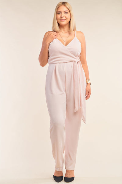 Plus Size Stone Blush Pink Sleeveless Self-tie Wrap Detail Deep Plunge V-neck Jumpsuit - Deals Kiosk