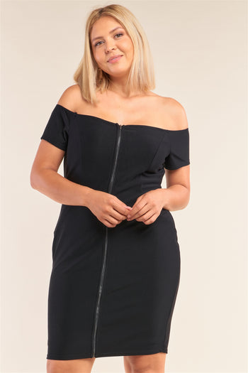 Plus Size Fitted Off-the-shoulder Front Zipper Bodycon Mini Dress - Deals Kiosk