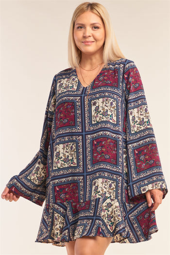 Plus Size Navy Mix Loose Fit V-neck Scarf Print Long Sleeve Flounce Hem Mini Dress - Deals Kiosk