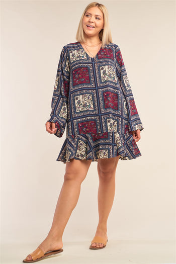 Plus Size Navy Mix Loose Fit V-neck Scarf Print Long Sleeve Flounce Hem Mini Dress - Deals Kiosk