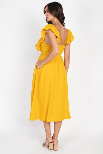 Button Front Ruffle Midi Dress - Deals Kiosk