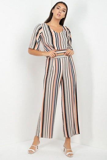 Stripped Scoop Neck Top Wide Leg Pants Set - Deals Kiosk